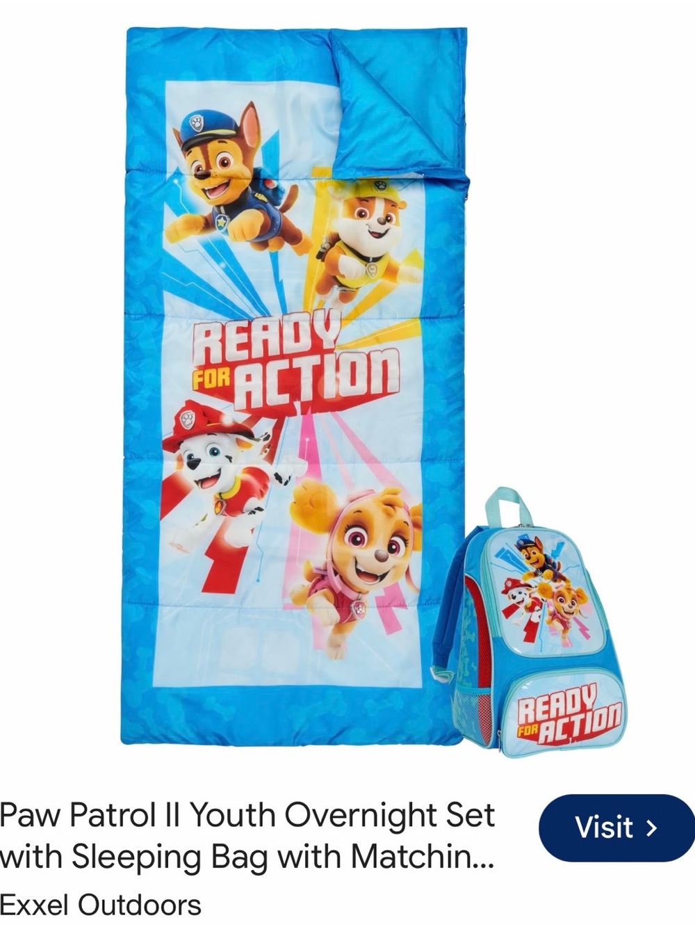Paw Patrol Blue 'Ready for Action' Kids Sleeping Bag and Matching Backpack